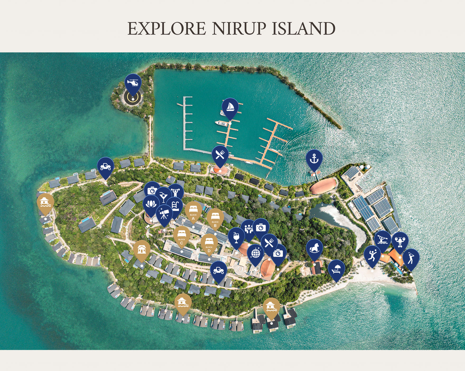 The island map, with its labelled points across the resort, marina and villas