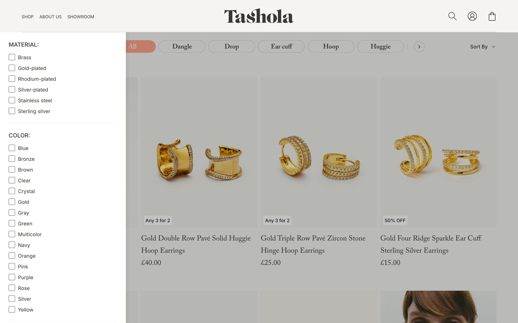 Catalogue with the filter panel open